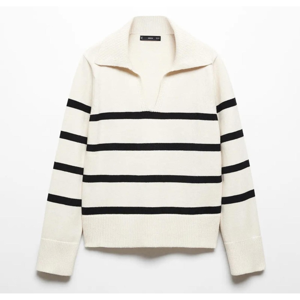 Mango Women's Cream and Black Striped V-Neck Sweater with Collar - Picture 5 of 7